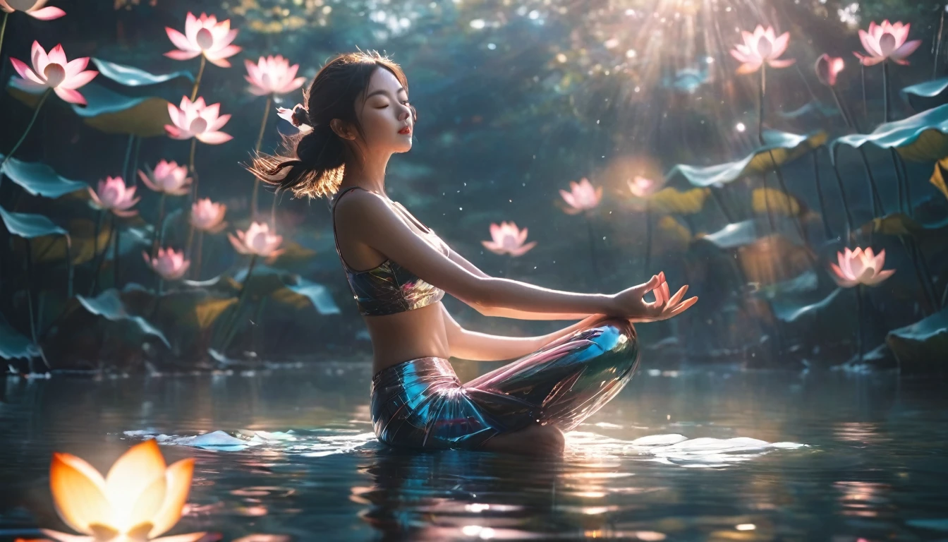 1 Girl,beautiful,Shiny,Motion Blur,triangle,Level lighting effects,lotus pose, On the water, reflection,Facial details,4K, very detailed image, Kodak 400, Atmospheric light, 50mm lens