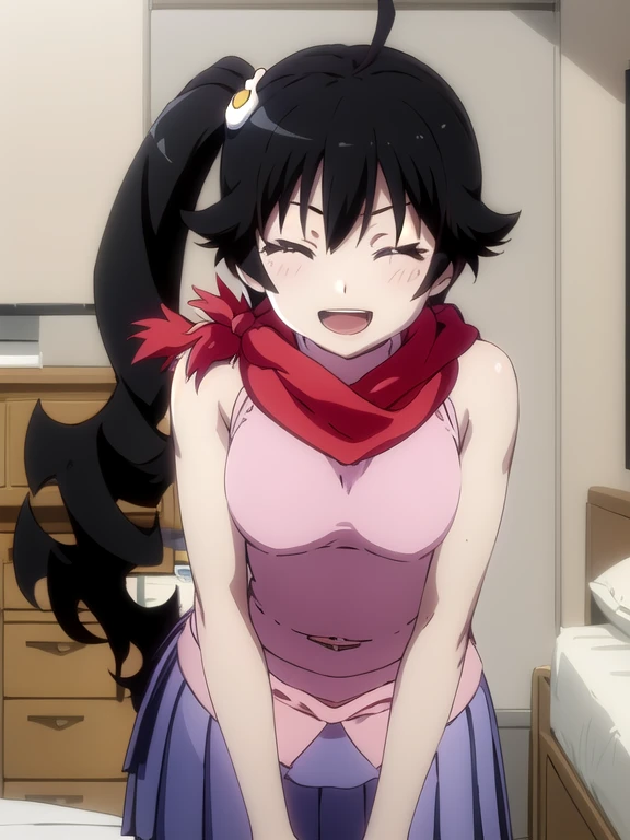 (masterpiece, best quality, detailed), 1girl, solo, araragikaren, long hair, pink sleeveless, medium breasts, ahoge, side ponytail, egg hair ornament, red scarf, skirt,leaning forward, indoors, bedroom, , smile, closed-eyed, open mouth