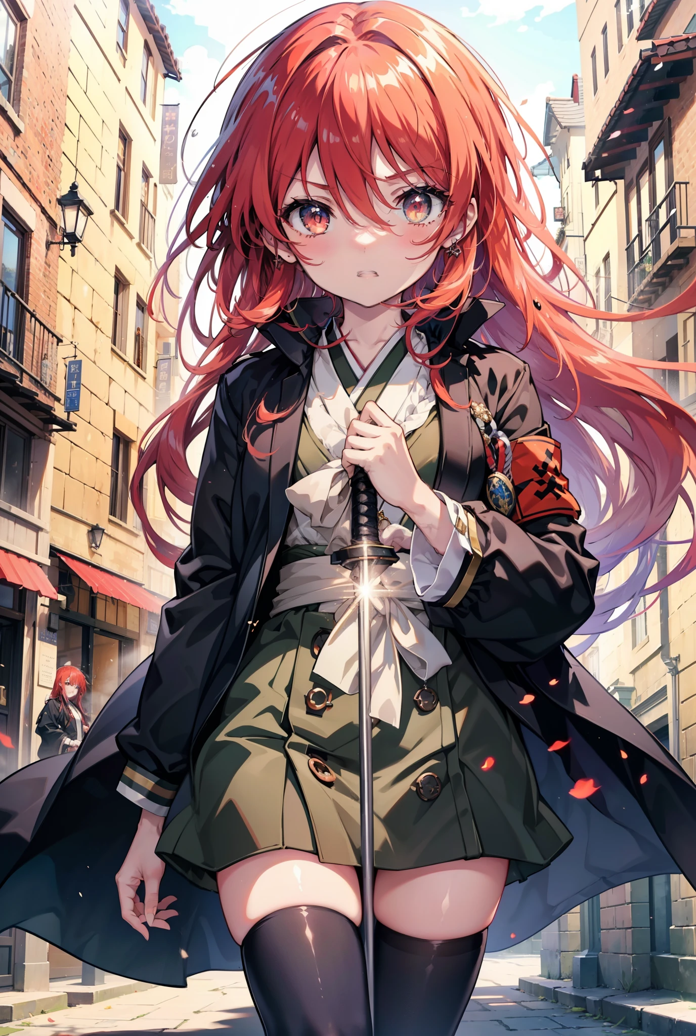 Shana,灼眼のShana,Long Hair, Redhead, Red eyes,Small breasts:1.2), Open your mouth,Purple kimono,Red too,boots,hold the hilt of the sword in one&#39;s hand,Battoujutsu,
break looking at viewer, Upper Body, whole body,
break outdoors, Medieval European streets,
break (masterpiece:1.2), Highest quality, High resolution, unity 8k wallpaper, (shape:0.8), (Narrow and beautiful eyes:1.6), Highly detailed face, Perfect lighting, Extremely detailed CG, (Perfect hands, Perfect Anatomy),