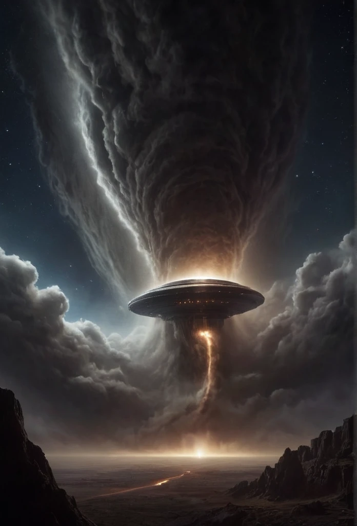 A cosmic tornado swirls interstellar dust, pulling into itself a starship of the Oriolukh race.