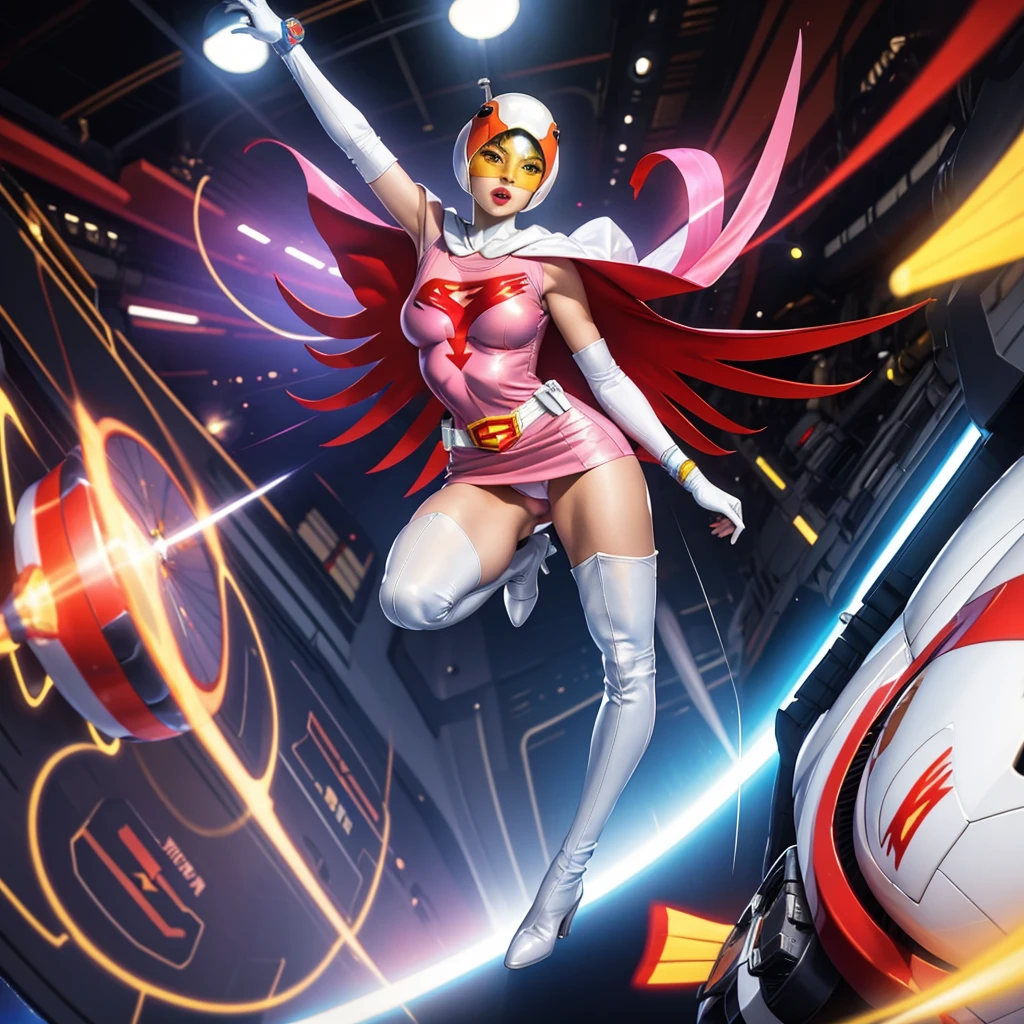 ANI_CLASSIC_jun_gatchaman_ownwaifu,1girl, ,good anatomy, masterpiece, best quality,realistic, hyper realistic, 16k hdr, long hair,breasts,lips,large breasts,lipstick,makeup,gloves,cape,helmet,belt,elbow gloves,white gloves,mask,ultra miniskirt,leotard,spacesuit,white tight overknee highheels boots,pink dress,superhero,bodysuit,cleavage,erected nipples,(kick ass poses),cameltoe