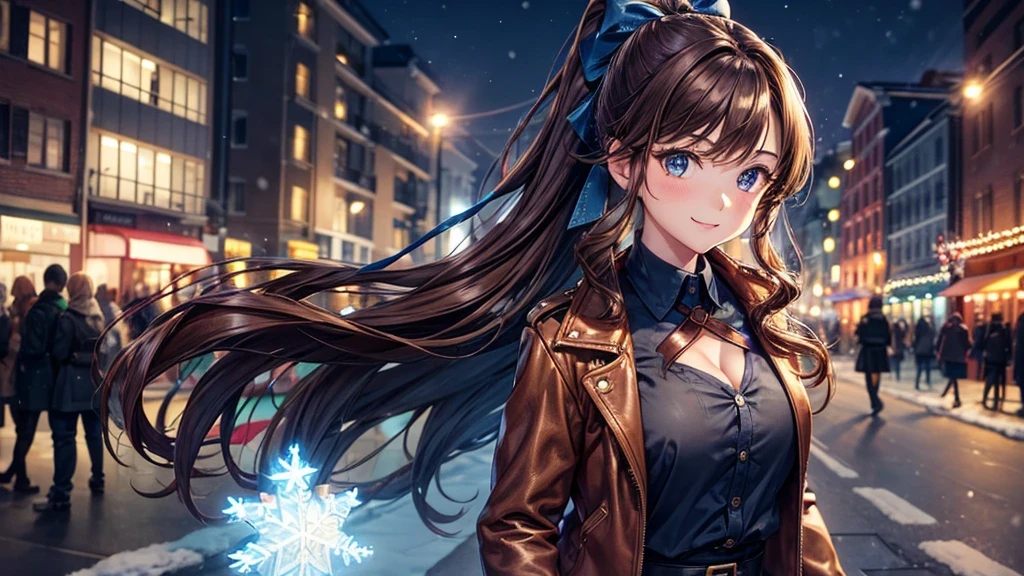 1girl, solo, christmas, ((christmas tree)), street, night, lights, snow, long hair, brown hair, curly hair, ponytail, large full breasts, ((brown leather jacket)), button down shirt, dark blue eyes, ((blue shirt)), ((unbuttoned shirt)), ((long skirt)), smile, ((unbuttoned shirt)), unbuttoning buttons, cleavage 1:3, looking at the viewer, standing, hair ribbon, golden necklate 