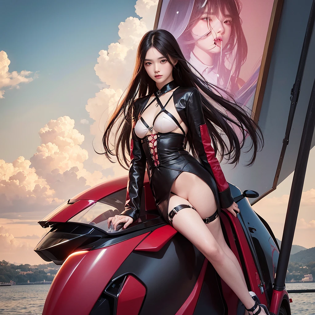 one's junior,max ernst, a Korean beautiful girl,luxury brand fashion,long hair,murder,shibari,red Electric super car,acrylic painting,future world,René Magritte, pink black panty,cool illustration.small clouds,brown hair