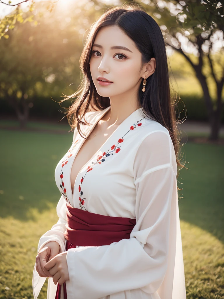 (logo、masterpiece、8K、table top、RAW photo、wonderful、最high quality、Photorealistic、very detailed CG integrated 8K wallpaper、high quality、very detailed、narrative poem、particle effects、dynamic effects、Depth of the bounds written、cinematic light、Lens flare、ray tracing)、fantasy、 (beautiful、1 beautiful woman、white kimono、Japan Dresses、white embroidery pattern、black haired、Beautiful face、real face、Beautiful details of eyes, beautiful skin)、Ample Round Bosom, Hair flutters in wind、hair bounces、pink cherry tree、petals dance、SakuraFubuki、Spectacular view、sunrise、sun on background、wind、god々、tooth、god story、vast land