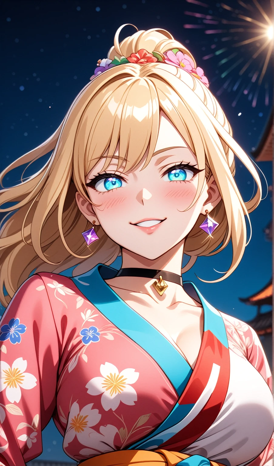 ((One personの女性)), Beautiful Face, ((smirk)),((Wink:1.9)),((Touch your lips)), head tilt, Laugh with your mouth wide open,((Bright red cheeks:1.4)),Shiny red lips,night,rooftop,You can see the ocean, firework,Laughing with your mouth open,Glossy pink lips,Facial lighting,((Anime style background)),masterpiece, Highest quality, so beautiful,up to date, Complex details, (Pink long nails),(ring),(bracelet),(choker),AI-generated, Complex,High resolution, Highest quality, super high quality,3D Images、3D Images,One person,Long blonde hair,High Ponytail,(turquoise blue eyes),Anime woman posing for a photo, ((Fine grain、Colorful eyes on white、Shining Eyes:1.3)),(Squint your eyes:1.1),a hyperRealistic , hyperRealistic , Realistic,Anime woman with long white hair, Smooth anime CG art, A woman in a colorful kimono with gold embroidery, (Pink long sleeve kimono),Red floral pattern,Long flower hair ornament,Earrings,Mature Body,(Big Breasts:1.1),expensive,Abdominal muscles,Tight waist,(Zoom up to face:1.6),(from below)