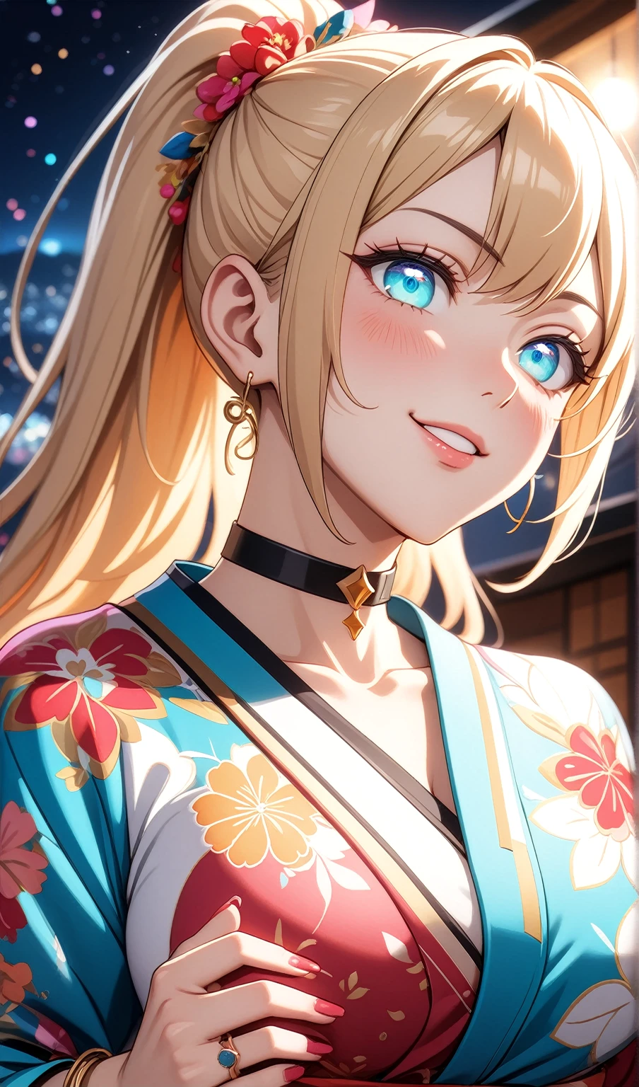 ((One personの女性)), Beautiful Face, ((smirk)),((Wink:1.9)),((Touch your lips)), head tilt, Laugh with your mouth wide open,((Bright red cheeks:1.4)),Shiny red lips,night,rooftop,You can see the ocean, firework,Laughing with your mouth open,Glossy pink lips,Facial lighting,((Anime style background)),masterpiece, Highest quality, so beautiful,up to date, Complex details, (Pink long nails),(ring),(bracelet),(choker),AI-generated, Complex,High resolution, Highest quality, super high quality,3D Images、3D Images,One person,Long blonde hair,High Ponytail,(turquoise blue eyes),Anime woman posing for a photo, ((Fine grain、Colorful eyes on white、Shining Eyes:1.3)),(Squint your eyes:1.1),a hyperRealistic , hyperRealistic , Realistic,Anime woman with long white hair, Smooth anime CG art, A woman in a colorful kimono with gold embroidery, (Pink long sleeve kimono),Red floral pattern,Long flower hair ornament,Earrings,Mature Body,(Big Breasts:1.1),expensive,Abdominal muscles,Tight waist,(Zoom up to face:1.6),(from below)