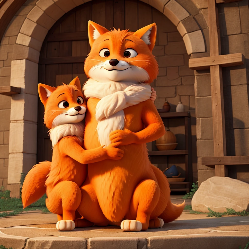 Many orange fox hugging with Jesus Christ