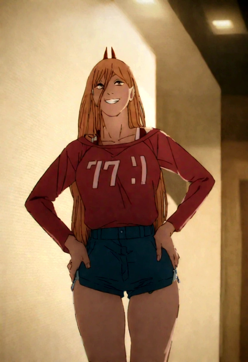 A Power, wearing a pink blouse , and short shorts. Facing forward and smiling with a sexy look