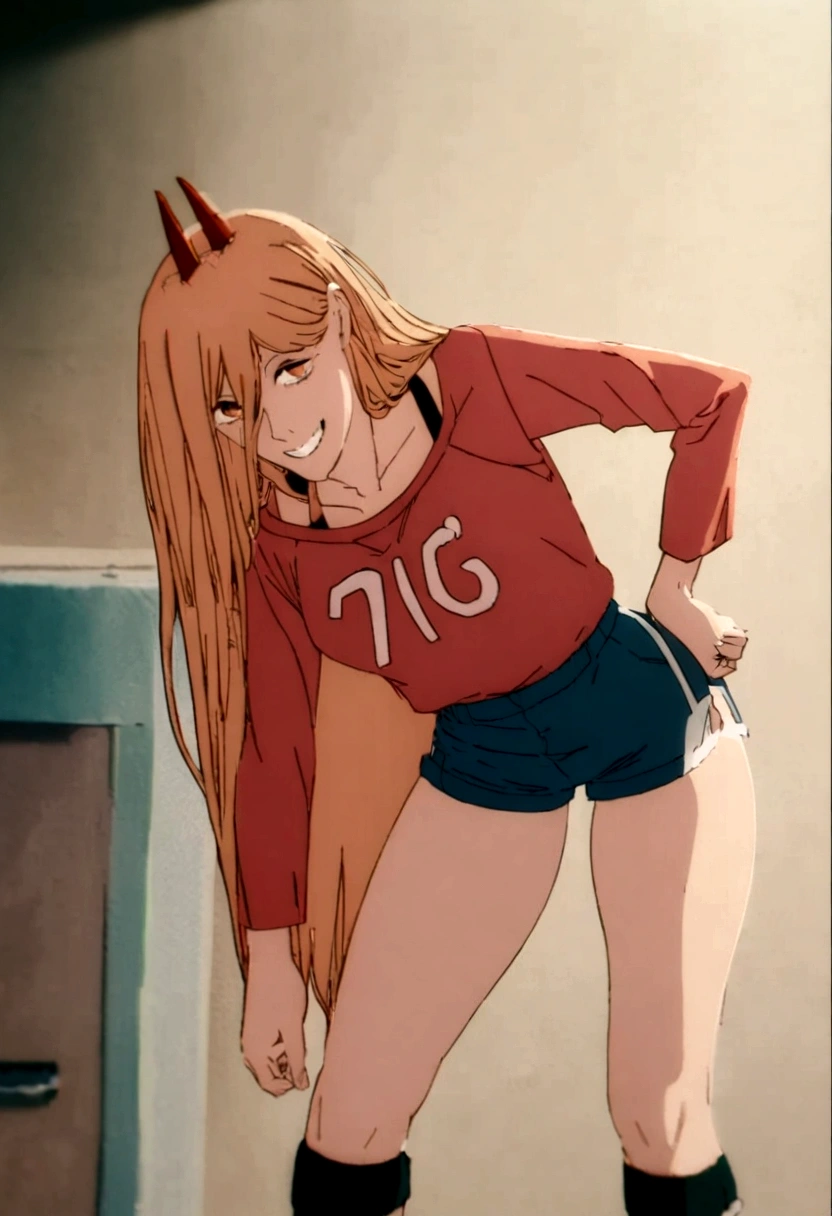A Power, wearing a pink blouse , and short shorts. Facing forward and smiling with a sexy look