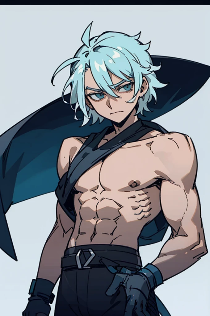 Aegean colored hair, short hair, well kept, male, muscular, tall, masculine, guy, free-flowing outfit, simple background.