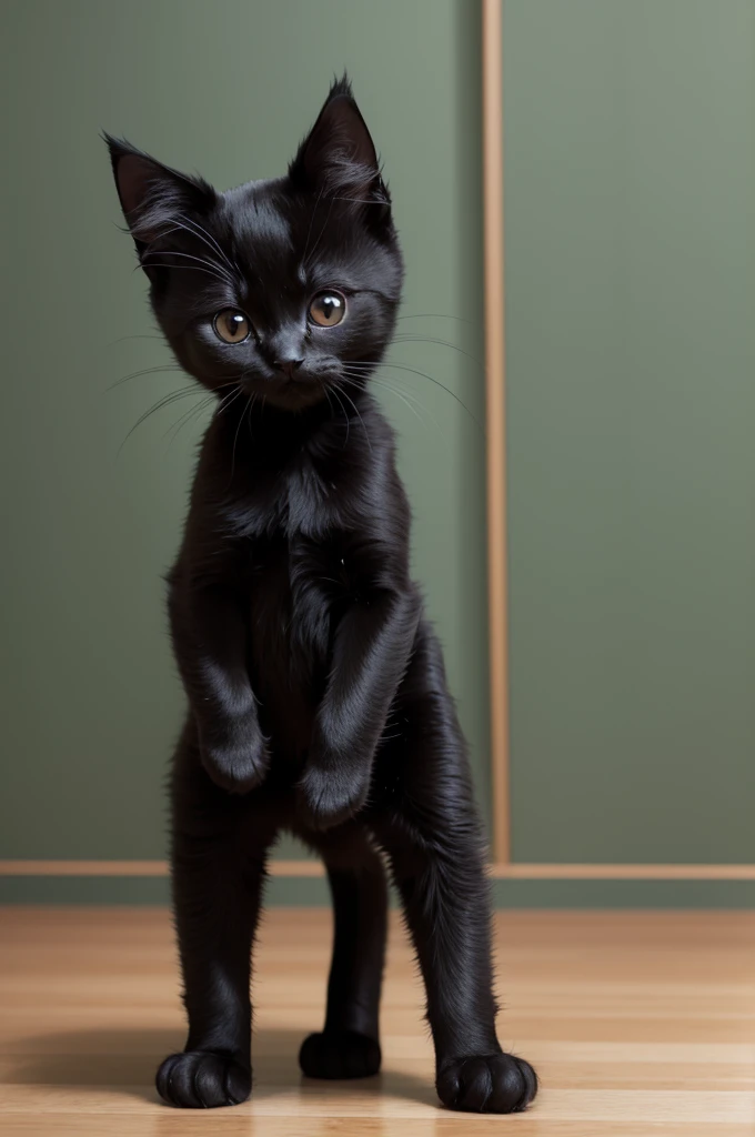A black kitten standing(how a human is) with paws crossed in front of the body in a cartoon format