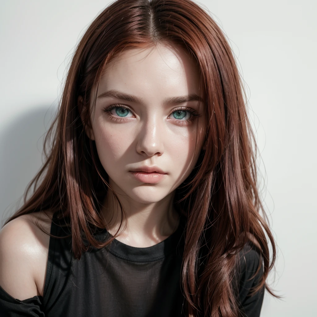 front view, looking at camera, RAW photo,((black shirt:1.2)), ((portrait)),beautiful red hair 30 years old woman, green eyes, perfecteyes eyes, ((white background:1.2)), studio lighting, high quality, film grain, Fujifilm XT3, centralized