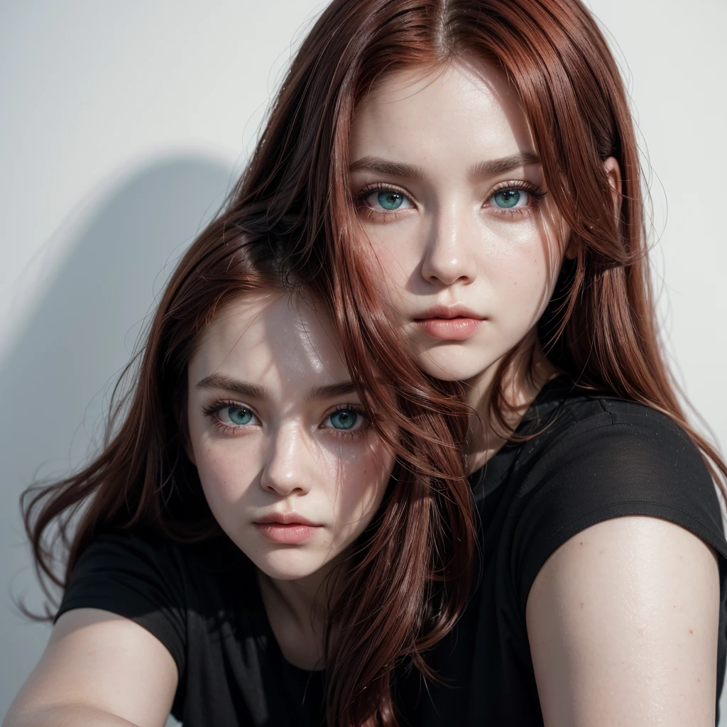 front view, looking at camera, RAW photo,((black shirt:1.2)), ((portrait)),beautiful red hair 30 years old woman, green eyes, perfecteyes eyes, ((white background:1.2)), studio lighting, high quality, film grain, Fujifilm XT3, centralized