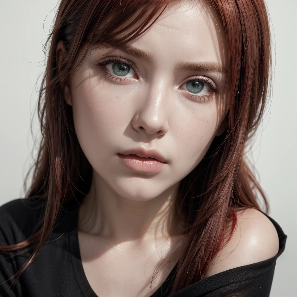 front view, looking at camera, RAW photo,((black shirt:1.2)), ((portrait)),beautiful red hair 30 years old woman, green eyes, perfecteyes eyes, ((white background:1.2)), studio lighting, high quality, film grain, Fujifilm XT3, centralized