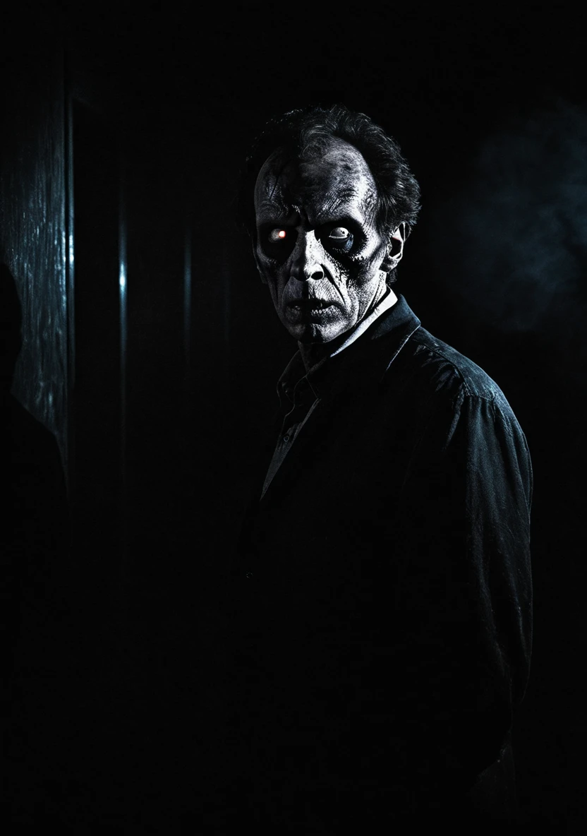 A single Zombie James Watson man in the dark on the room glowing eyes