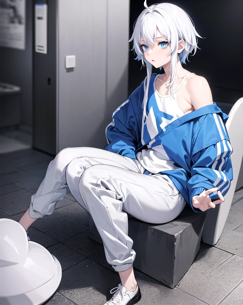 A neko boy with white hair white skin blue eyes blue painted stripes on his hair blue sweatshirt and gray pants
