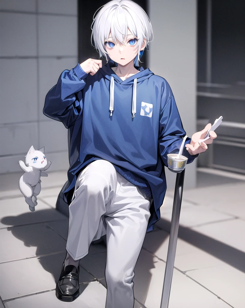 A neko boy with white hair white skin blue eyes blue painted stripes on his hair blue sweatshirt and gray pants