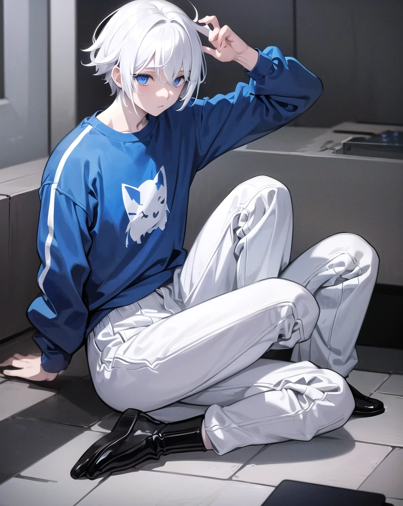 A neko boy with white hair white skin blue eyes blue painted stripes on his hair blue sweatshirt and gray pants