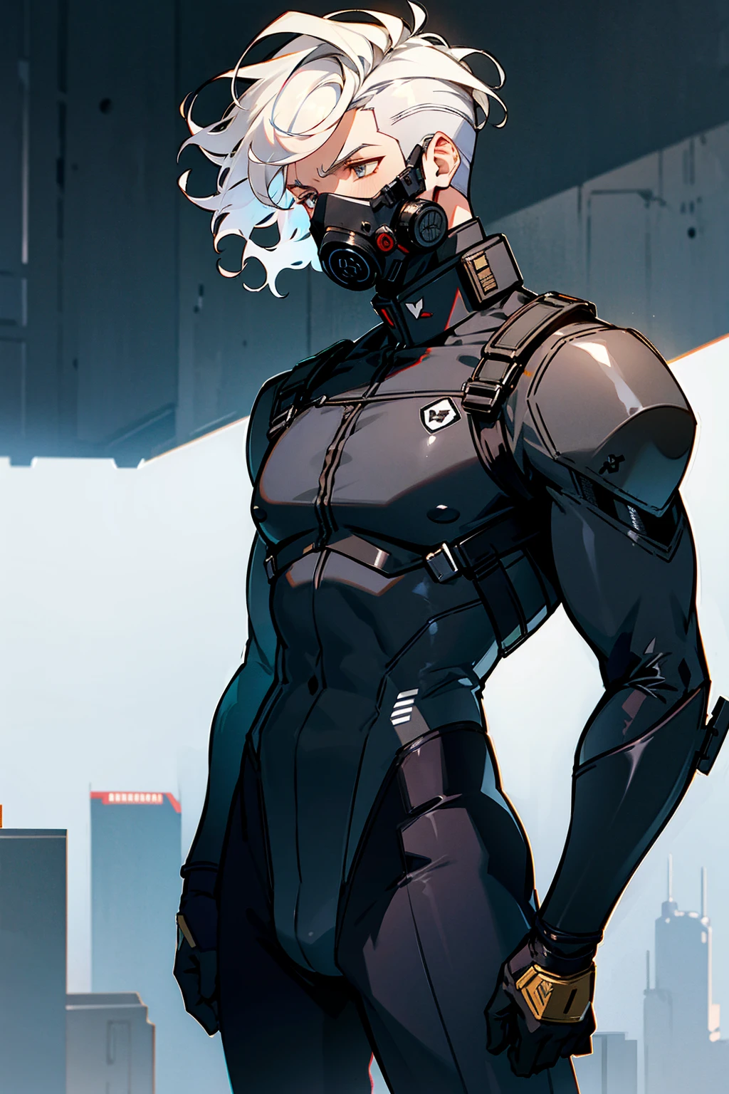 1male , White Hair , Wavy Hair , Undercut Hair , Unique Hair , Calm Expression , Black Bodysuit , Military Armored Combat Clothing , Standing in Modern City Background , Gas Mask 