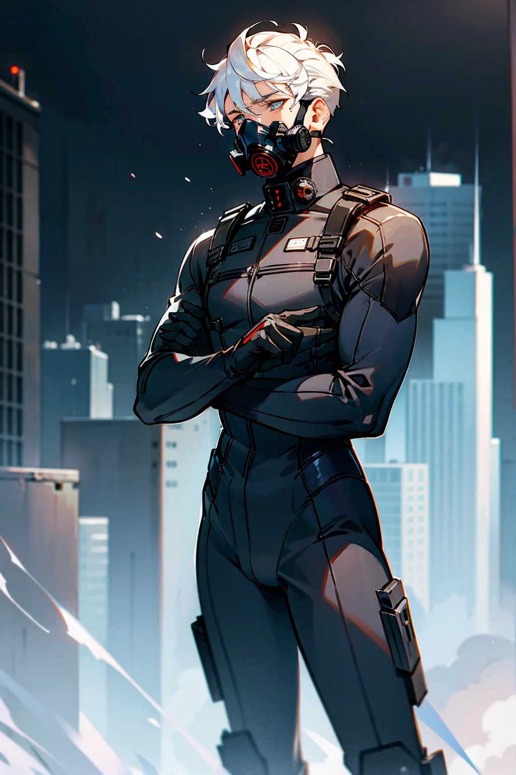 1male , White Hair , Wavy Hair , Undercut Hair , Unique Hair , Calm Expression , Black Bodysuit , Military Armored Combat Clothing , Standing in Modern City Background , Gas Mask 