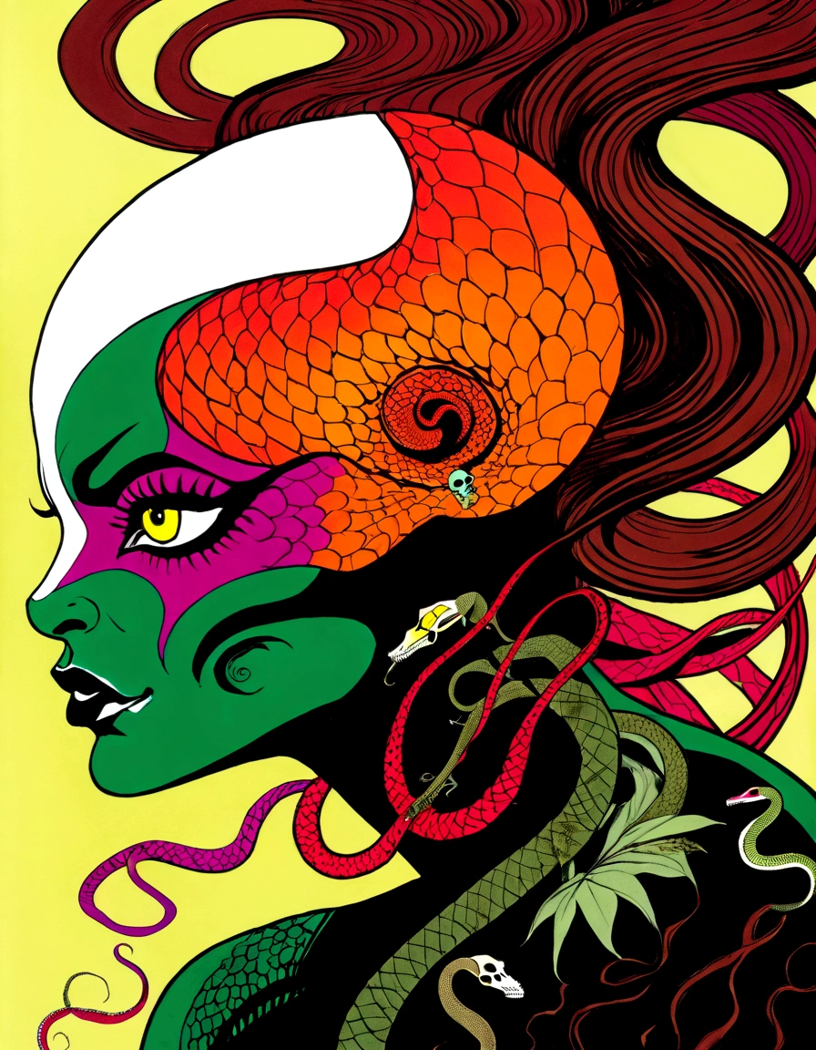 Medusa, splash page decompressed comic cover art, ink style figure,((expressive Joelle Jones and "Sean Gordon Murphy" comic drawing)), wordless, cinematic poster, double exposure, optical illusion, image within image, abyss void black no visibility darkness, full length portrait, (background, pine barrens, entropy, rewilding, magic hour sunset, galaxy stars, cosmos), (horror, abstract, surreal, body, cosmic), candid, snake skin dress, morphology anatomy drawn Frederic Delavier musculature anatomical illustration, (face, ornate black metal corpse paint, resembles Grace Jones), (body, Naga, snakefolk, lower body snake tail, snake woman hybrid, bald, hairless, skeleton, snake skin tattoos, piercing eyes, snake pupils, over the shoulder), (colors, bleak muted deep fiery radiant glowing ROYGBIV, forest green, earth brown), craftsmanship nuance, (Gerardo Zaffino charcoal), subliminal orchids, nyctophobia, silhouette