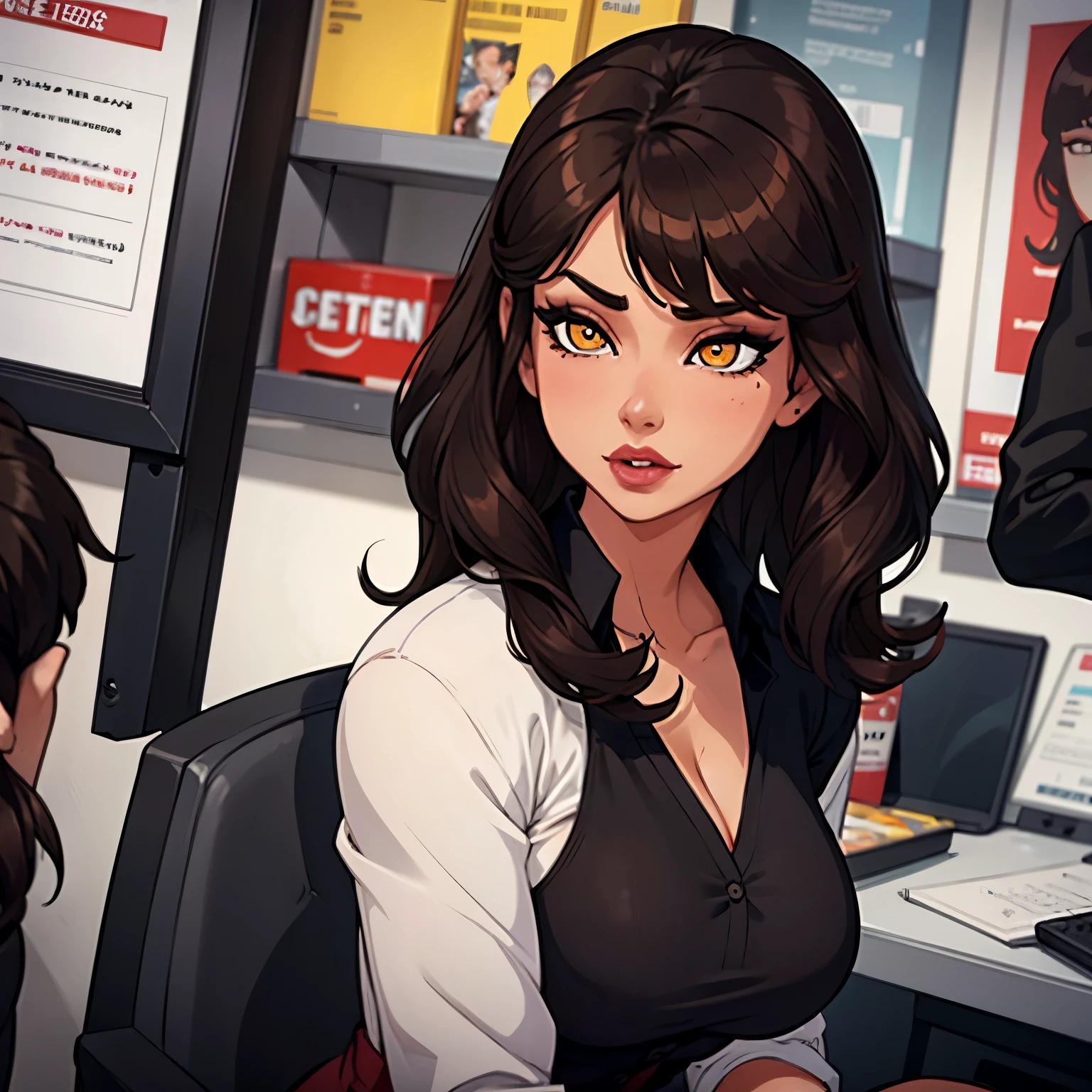 Female busty business woman, long wavy haircut, wearing makeup, wearing business outfit, sexy, cute, full lips, wearing lipstick, yellow clothing, brown eyes