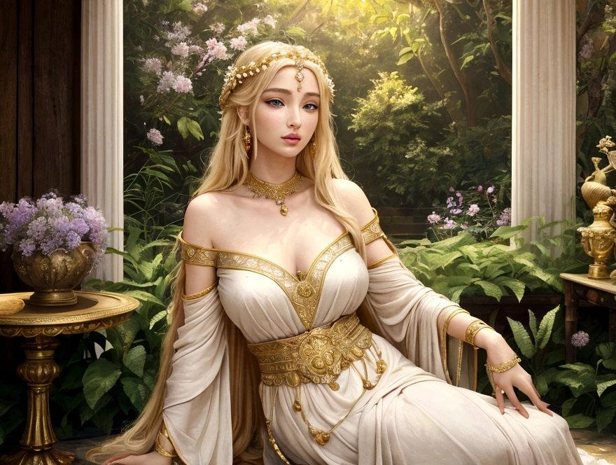 (complex parts),
Sun Ray, depth of field,
ковбойский снимок BREAK 1girl, sitting,
(curvy body), thin waist, wide hips, big hips,
blonde hair, long braided hair, green eyes, pointed ears,
(ornate outfit), revealing dress with gold trim,
(ornate jewelry), Wreath on the head, BREAK throne room gold trim necklace, jungle, hibiscus flowers