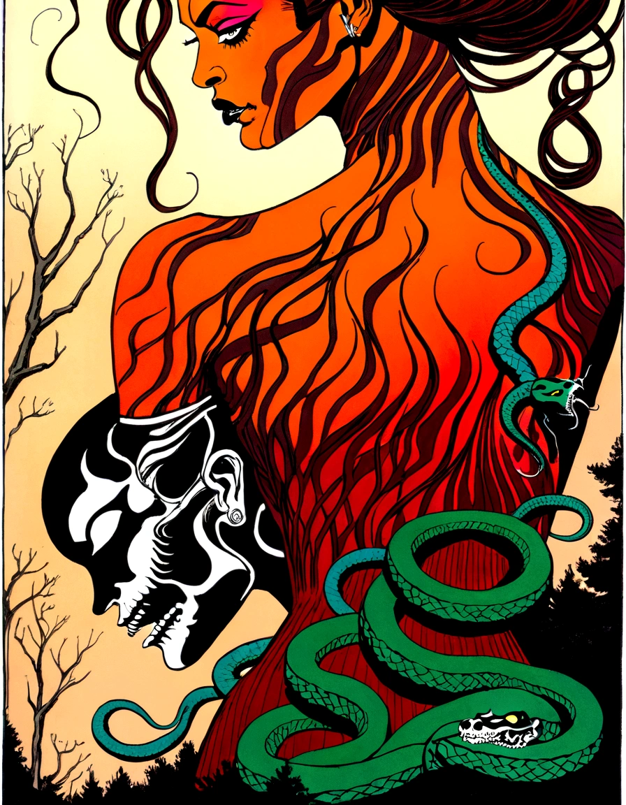 Medusa, splash page decompressed comic cover art, ink style figure,((expressive Joelle Jones and "Sean Gordon Murphy" comic drawing)), wordless, cinematic poster, double exposure, optical illusion, image within image, abyss void black no visibility darkness, full length portrait, (background, pine barrens, entropy, rewilding, magic hour sunset, galaxy stars, cosmos), (horror, abstract, surreal, body, cosmic), candid, snake skin dress, morphology anatomy drawn Frederic Delavier musculature anatomical illustration, (face, ornate black metal corpse paint, resembles Grace Jones), (body, Naga, snakefolk, lower body snake tail, snake woman hybrid, bald, hairless, skeleton, snake skin tattoos, piercing eyes, snake pupils, over the shoulder), (colors, bleak muted deep fiery radiant glowing ROYGBIV, forest green, earth brown), craftsmanship nuance, (Gerardo Zaffino charcoal), subliminal orchids, nyctophobia, silhouette
