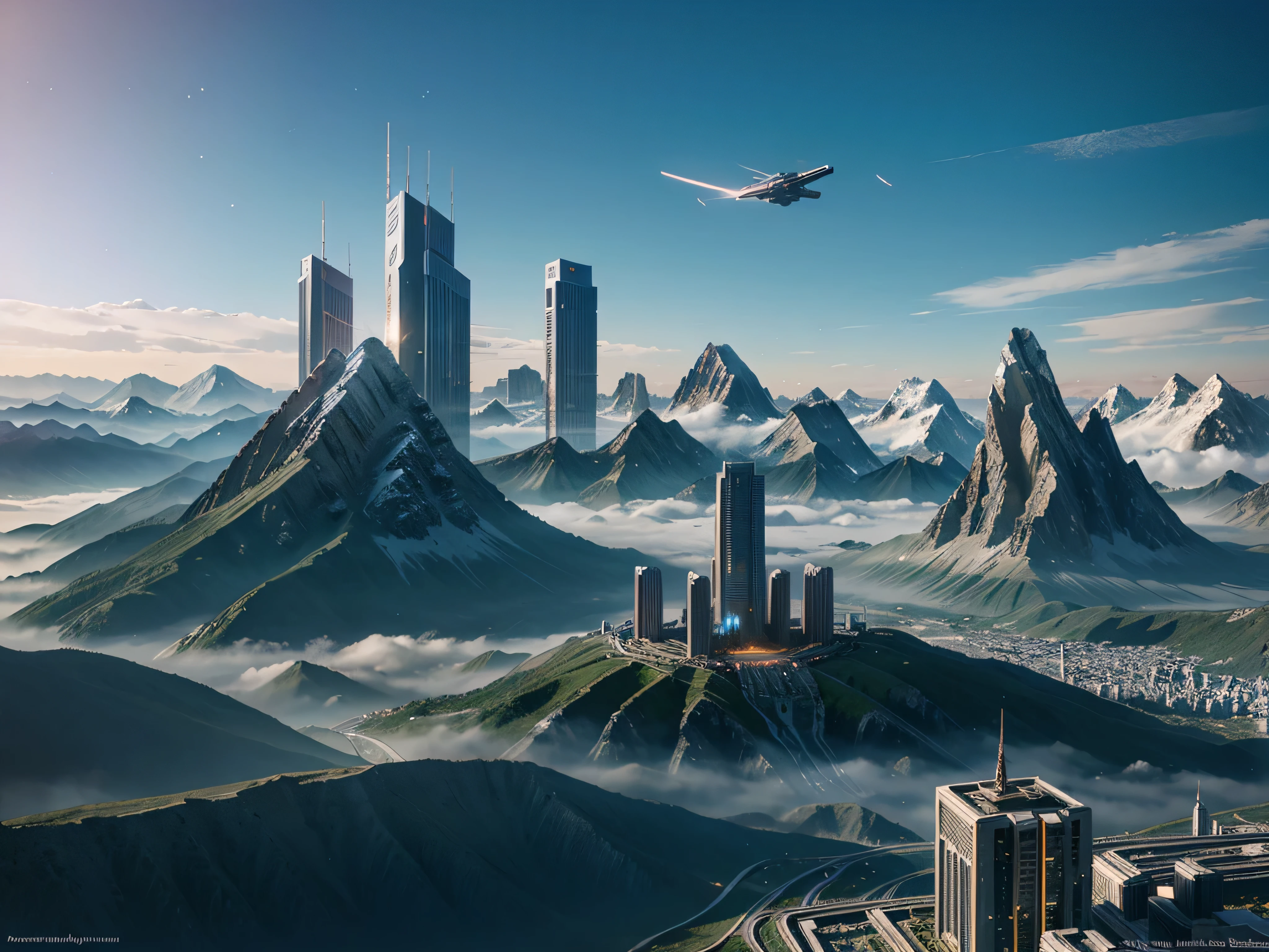 futuristic city, fantasy, 23rd century, mountains