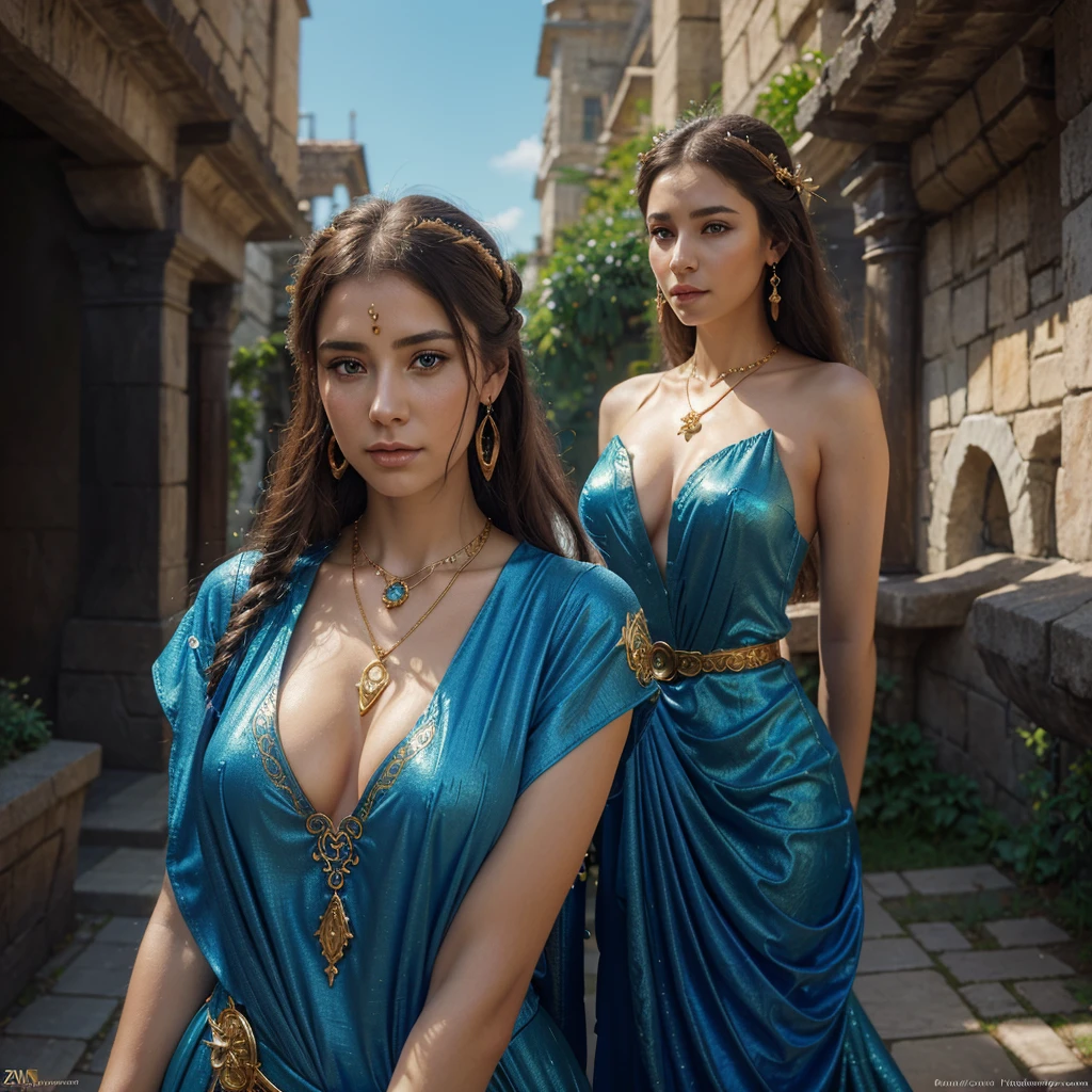 a woman in a blue dress with a gold necklace and earrings, fantasy art style, fantasy woman, beautiful fantasy maiden, beautiful fantasy art, fantasy style art, detailed fantasy art, beautiful fantasy art portrait, beautiful character painting, karol bak uhd, detailed fantasy digital art, realistic fantasy artwork, beautiful alluring anime woman, beautiful genie girl, beautiful fantasy portrait