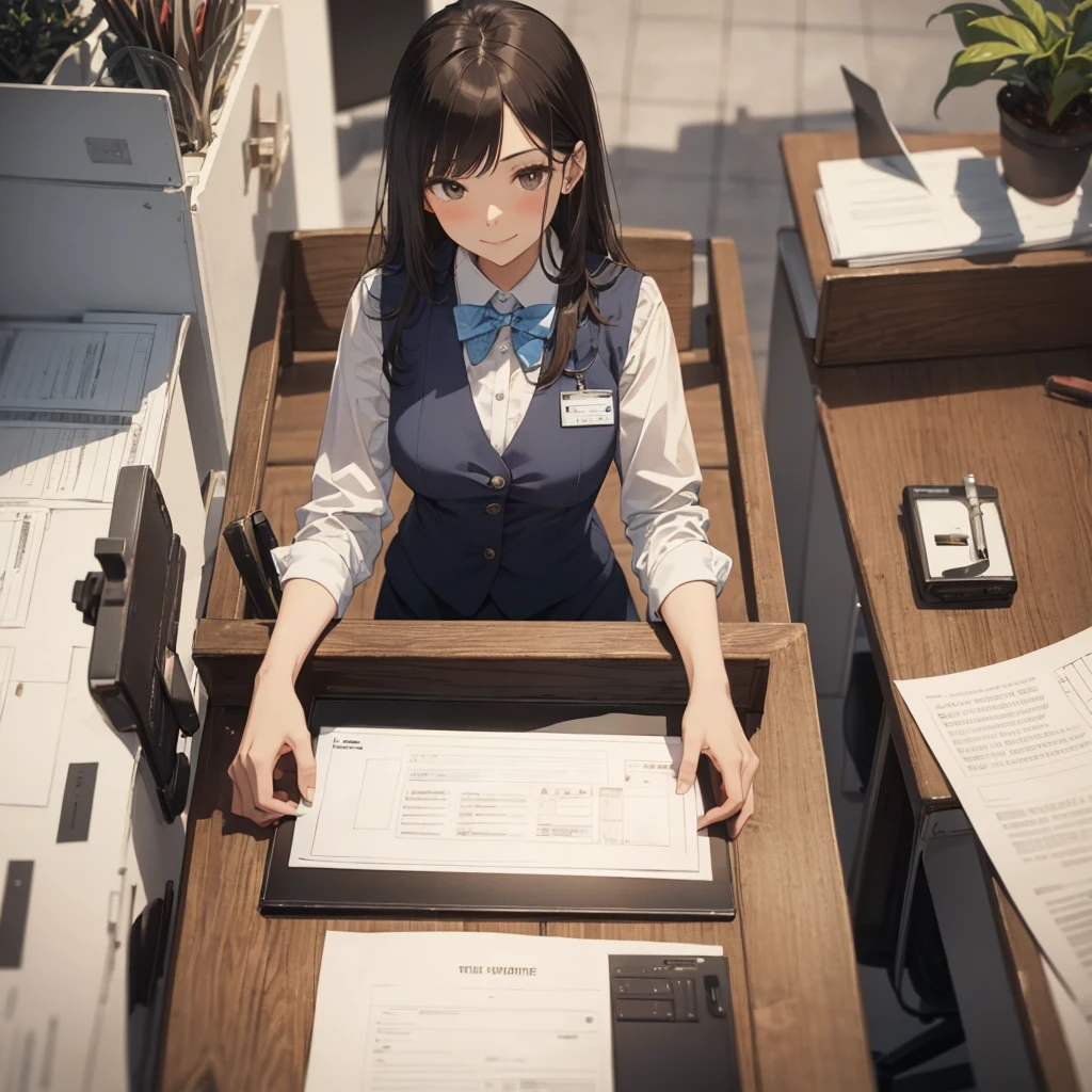 1lady solo, sitting, (from above), office worker, ((blue vest) over white dress shirt), mature female, /(dark brown hair/), kind smile, (masterpiece best quality:1.2) delicate illustration ultra-detailed, large breasts, bowtie BREAK (modern office) indoors, (reception desk), entrance, detailed background