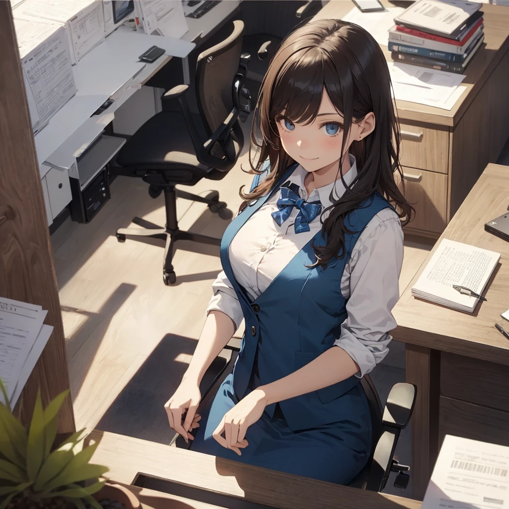 1lady solo, sitting, (from above), office worker, ((blue vest) over white dress shirt), female, /(dark brown hair/), kind smile, (masterpiece best quality:1.2) delicate illustration ultra-detailed, large breastie BREAK (modern office) indoors, (reception desk), entrance, detailed background
