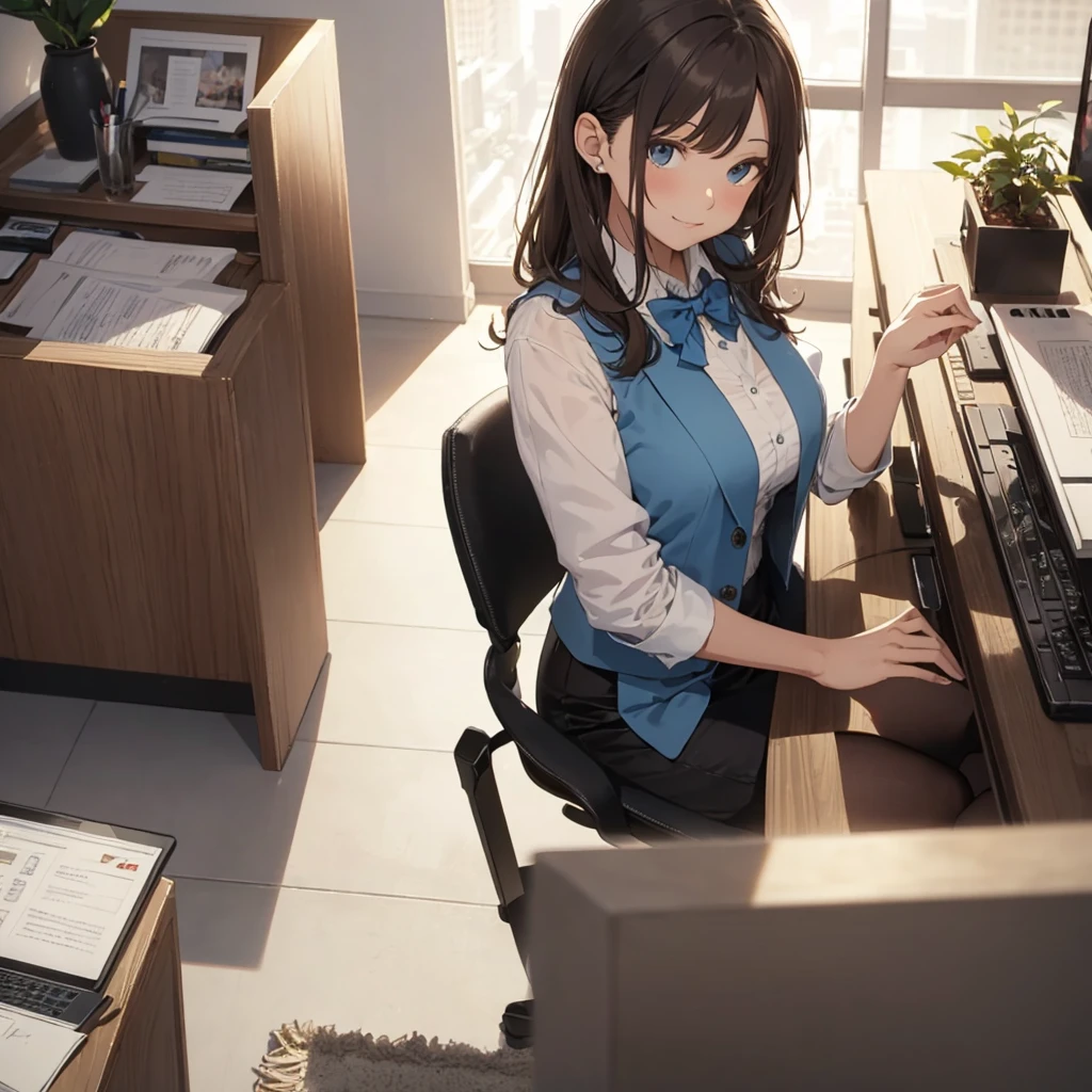 1lady solo, sitting, (from above), office worker, ((blue vest) over white dress shirt), mature female, /(dark brown hair/), kind smile, (masterpiece best quality:1.2) delicate illustration ultra-detailed, large breasts, bowtie BREAK (modern office) indoors, (reception desk), entrance, detailed background