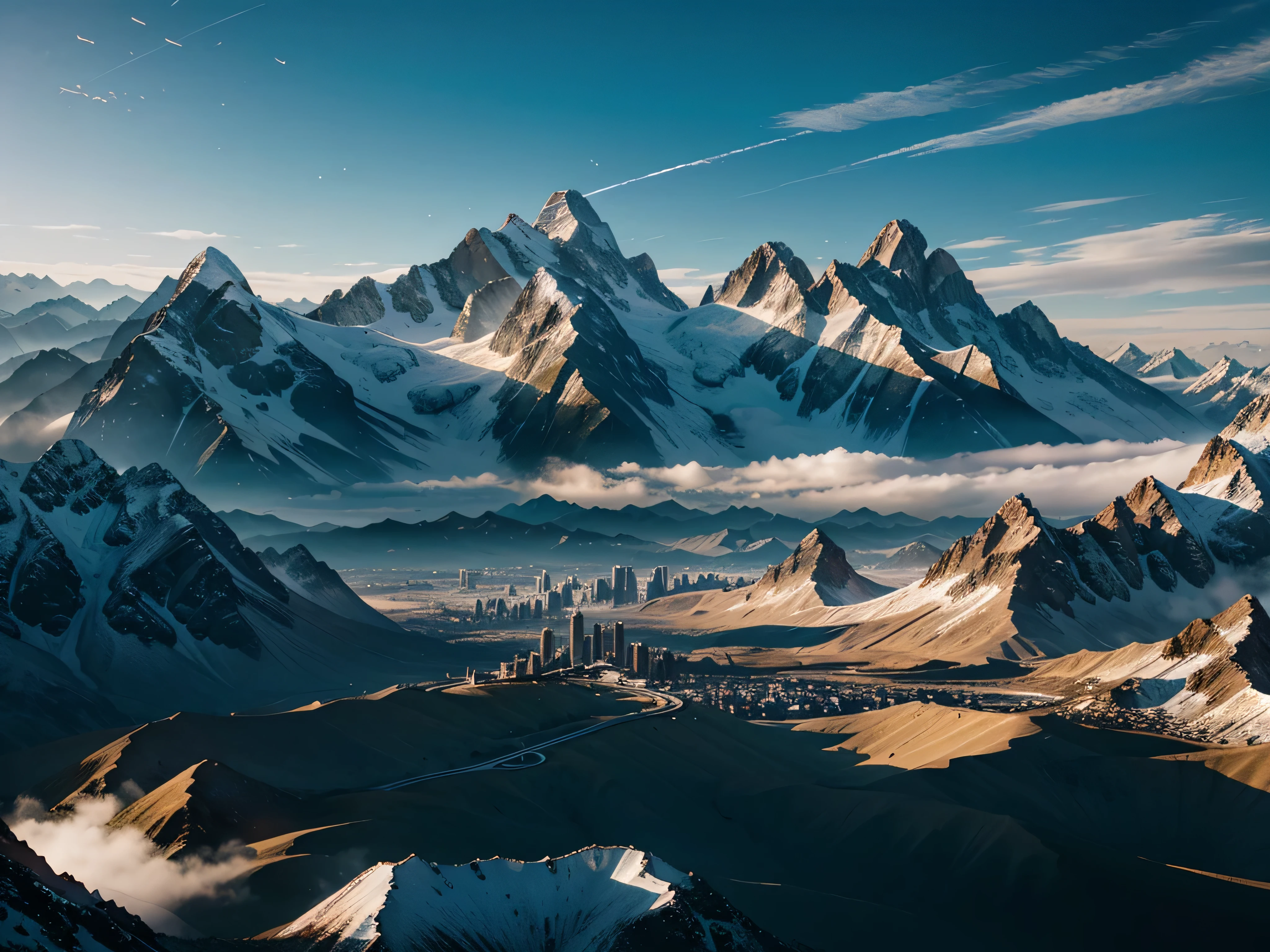 futuristic city, fantasy, 23rd century, mountains