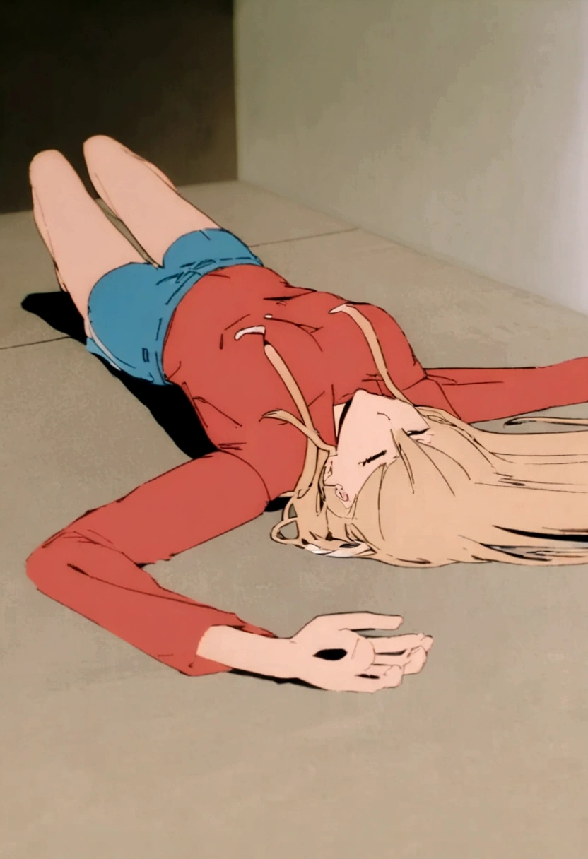 A Power, wearing a pink blouse , and short shorts. lying down 