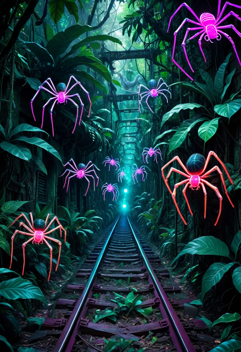 Surreal Mayan train of neon lights with spider legs in a jungle
