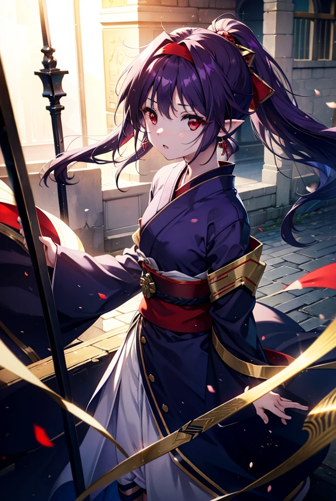 yuukikonno, Yuki Konno, hair band, Long Hair, Pointy Ears,ponytail, Purple Hair, (Red eyes:1.5), (Small breasts:1.2), Open your mouth,Purple kimono,Red too,boots,hold the hilt of the sword in one&#39;s hand,Battoujutsu,
break looking at viewer, Upper Body, whole body,
break outdoors, Medieval European streets,
break (masterpiece:1.2), Highest quality, High resolution, unity 8k wallpaper, (shape:0.8), (Narrow and beautiful eyes:1.6), Highly detailed face, Perfect lighting, Extremely detailed CG, (Perfect hands, Perfect Anatomy),
