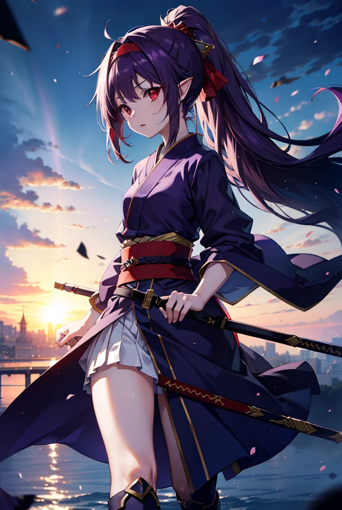 yuukikonno, Yuki Konno, hair band, Long Hair, Pointy Ears,ponytail, Purple Hair, (Red eyes:1.5), (Small breasts:1.2), Open your mouth,Purple kimono,Red too,boots,hold the hilt of the sword in one's hand,Battoujutsu,
break looking at viewer, Upper Body, whole body,
break outdoors, Medieval European streets,
break (masterpiece:1.2), Highest quality, High resolution, unity 8k wallpaper, (shape:0.8), (Narrow and beautiful eyes:1.6), Highly detailed face, Perfect lighting, Extremely detailed CG, (Perfect hands, Perfect Anatomy),