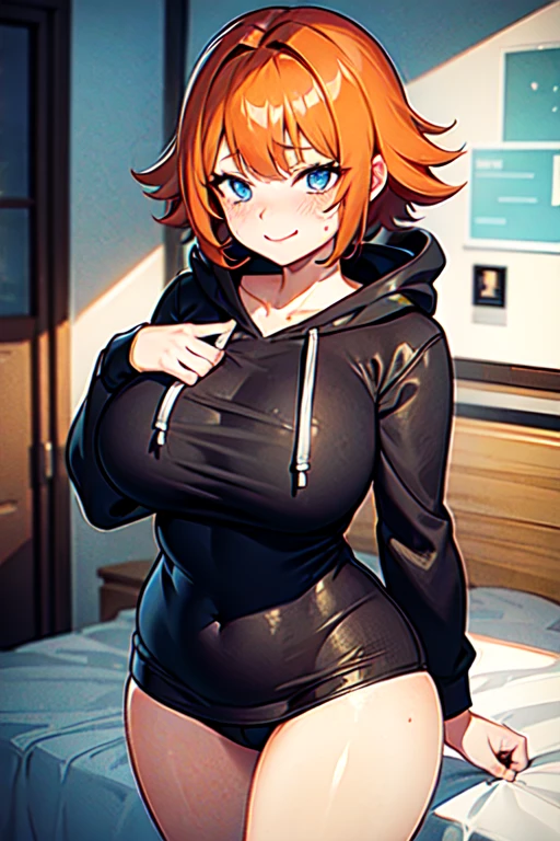 Ginger hair, blue eyes, rounded rear, good breast, thick thighs, wide hips, tall, freckles, at bed, close to viewer, short tomboyish hair, tomboy, messy hair, black hoodie, one girl, orange haired, beautiful, cute, blushing, five fingers, cute, slightly chubby, soft chubby, smiling shily, big soft legs, freckles on face.