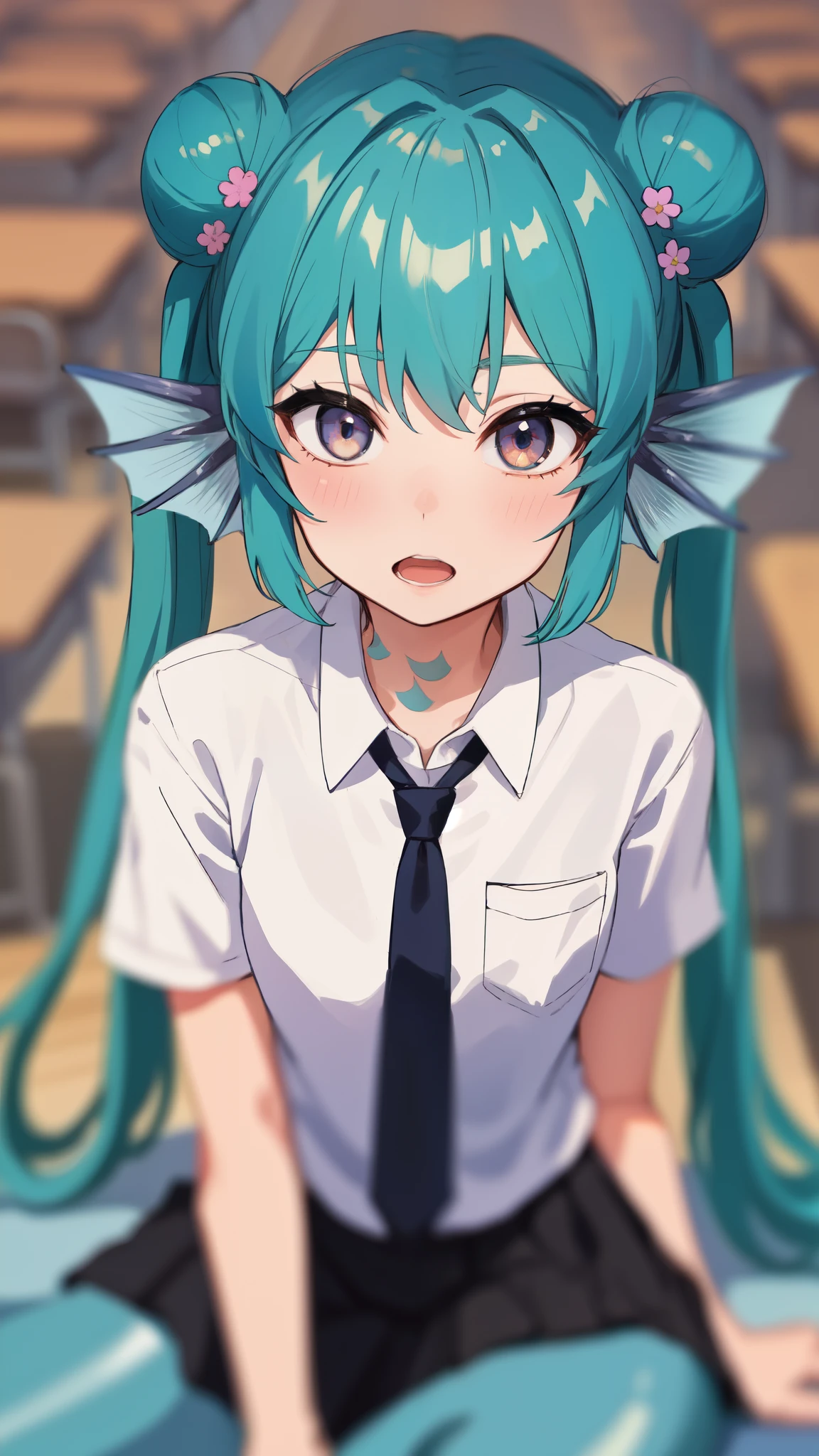 ((best quality)), ((highly detailed)), absurdres, (detailed eyes).1girl,20 years old,solo,long hair,light blue hair,finana,twintails,double bun,(white shirt,short sleeves,black standart tie,black skirt),upper body,close-up, classroom,mermaid, fins,sitting on floor,open mouth,talking