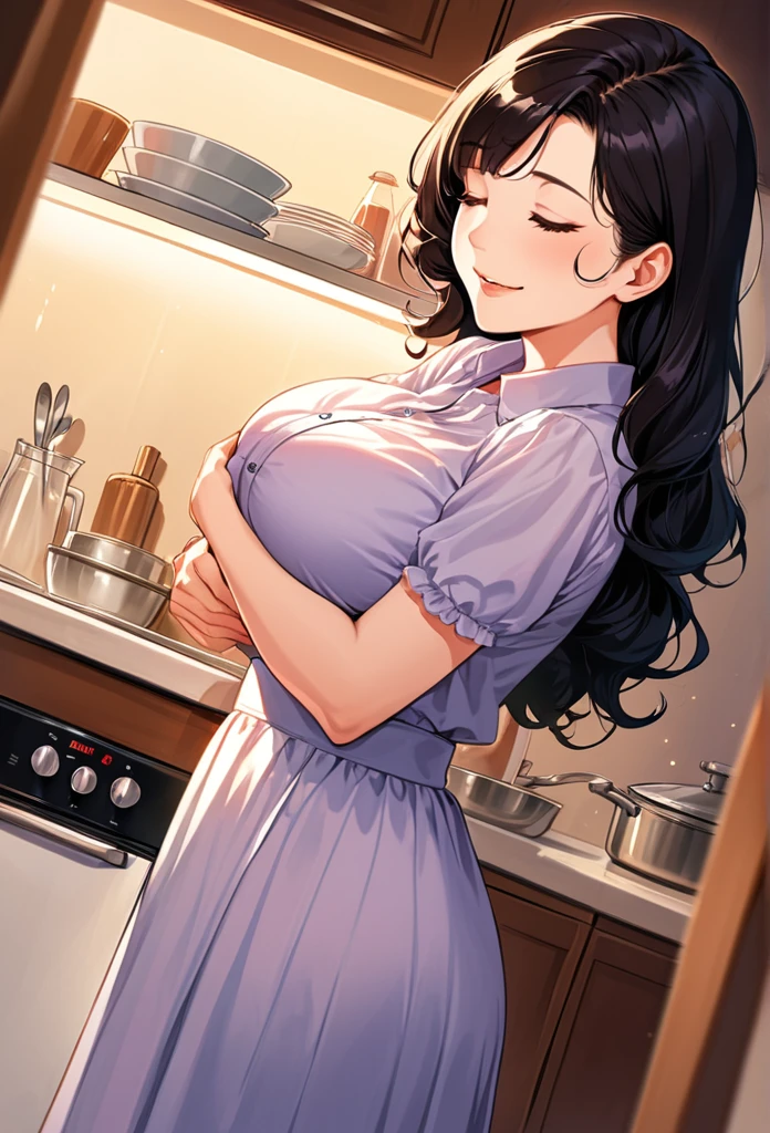 detailed illustration (side view),dynamic angle,ultra-detailed, detailed eyes, detailed face, 1girl, night , nightime, stars, 1950 wife, button up blouse and long skirt, anime half closed eyes, closed eyes, knowing smile, mischievous smile, standing in kitchen, domestic goddess, black hair, huge breasts, wholesome yet sexy, motherly, nurturing, MILF