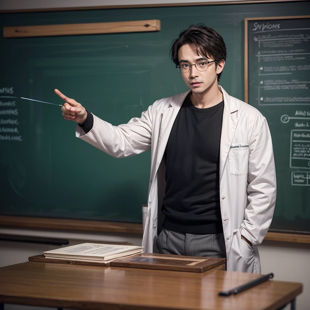 A professor in a lab coat, glasses pointing to the blackboard behind him where he explains what optics is