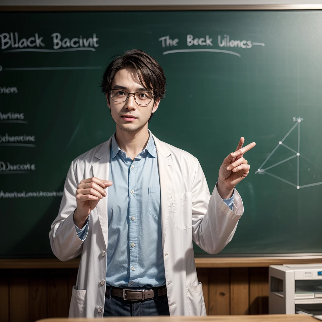 A professor in a lab coat, glasses pointing to the blackboard behind him where he explains what optics is