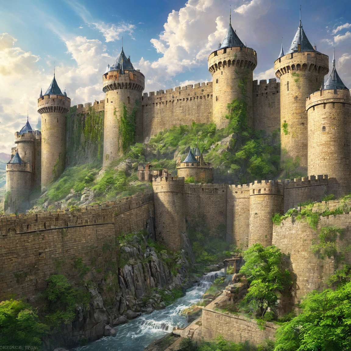 (best quality)), ((masterpiece)), ((realistic,digital art)), (super detailed), gigantic hundred-foot-high wall of a fortified city, very important fortifications, (gigantic crenellated towers), (medieval fantasy style), view from the ground