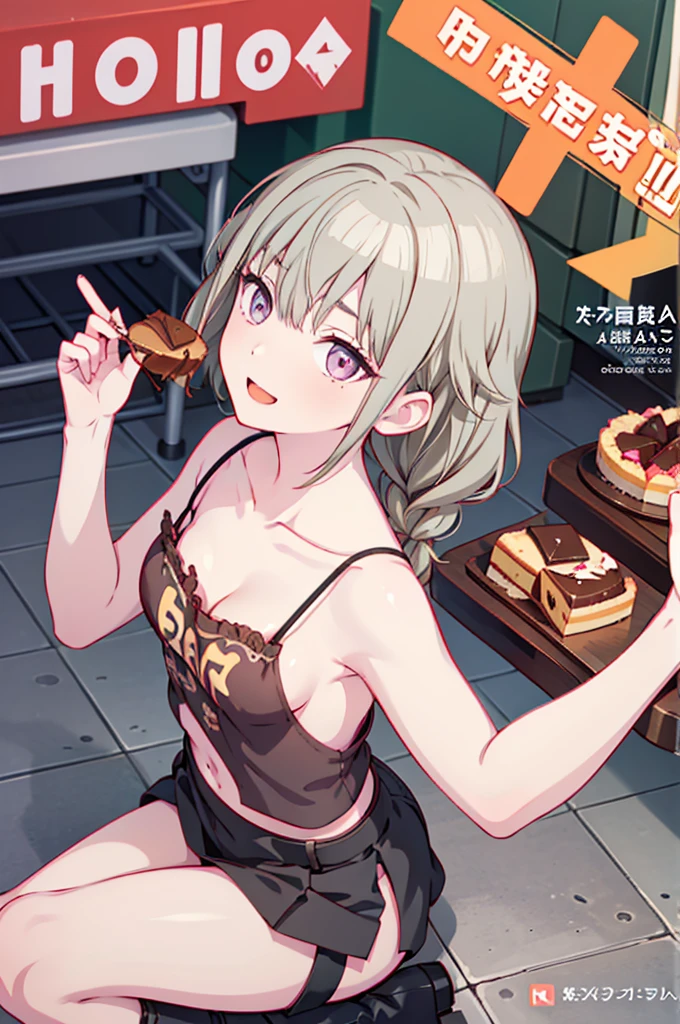 (small breasts:1.2), (perky chest:1.2), (pointed chest:1.2), (Pudding cake magazine cover:1.3),(from above:1.0),(shoot from the side:1.1),masterpiece, 1girl, Amazing Cleavage:1.1, thin waist, optimum,tmasterpiece,hight resolution,best qualtiy,hyper HD,super detailing,awardwinning,a 18yo cute girl,(The upper part of the body),anatomy correct,Beautiful Black miniskirt,garters,Gaze,Small face,bangss,holster,Beautuful Women,hands up,leg holster,Gaze,black boots,Cowboy Shot,cute face,a blond,Longhaire,Twin-tailed,Braids, Hairline,(scarlet eyes),long eyelasher,Hanging eye corners,White skin of the, ((see through camisole:1.1)), ((Sheer nipples:1.0)),Rocket Tits,(Slim body),smile,seductive weak smiling,(with sparkling eyes and a contagious smile),little open mouth, Looking at Viewer,