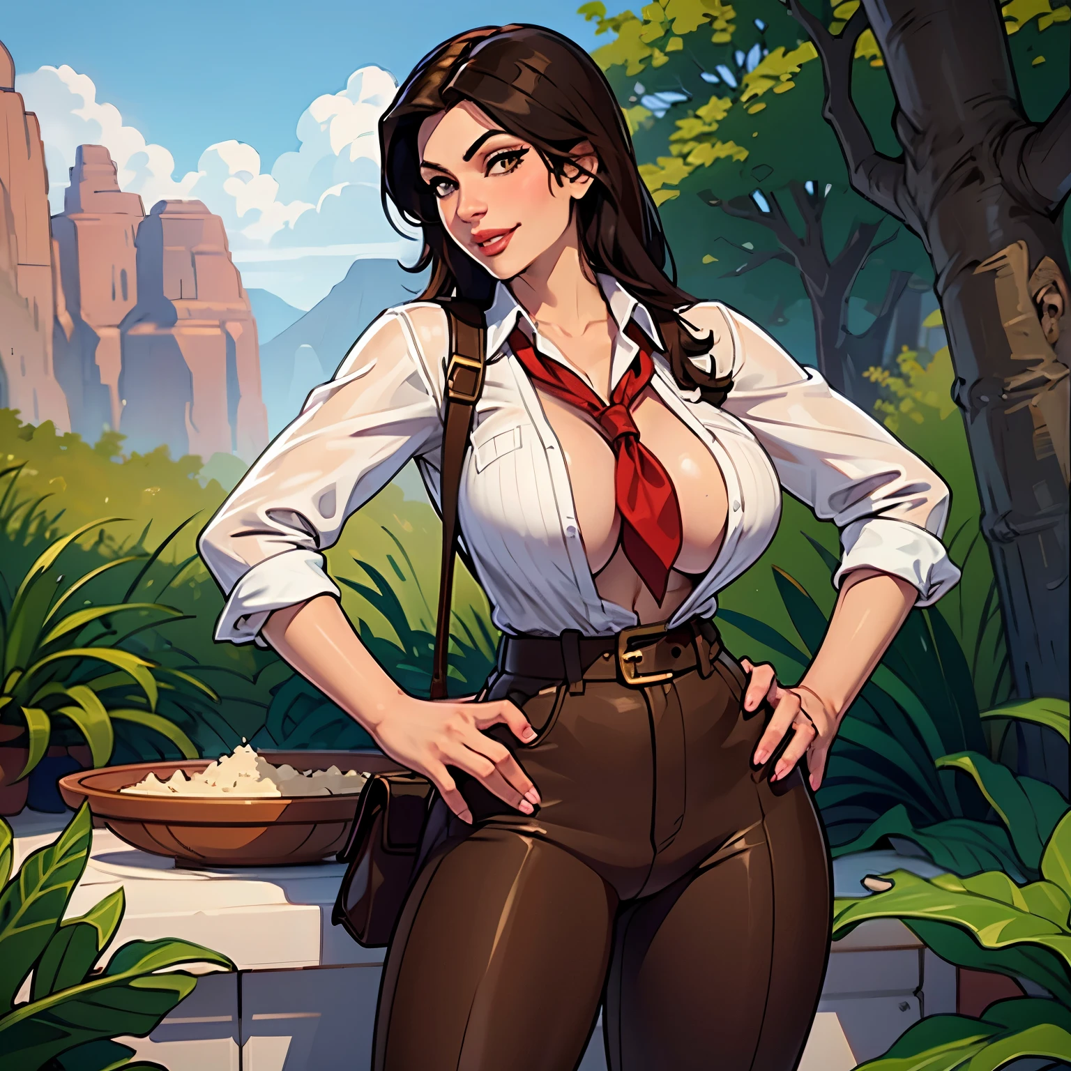 Denise Milani, Dark skin, brown hair, long hair, red neckerchief, Denise Milani body type, beautiful, smile, Amazon River explorer from the 1920s, gun holster on hip, white pinstripe button up shirt, shirt unbuttoned, shirt tucked into brown pants, Brazilian market, outside, chatting with viewer, holding ore, NSFW,