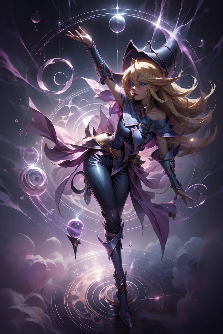 DarkDark magician gils, with high-heels. pants, sexy, Subjective and sensual pose. Long blonde hair. blue eyes. Red lips. Levitating above a circle of magic. .