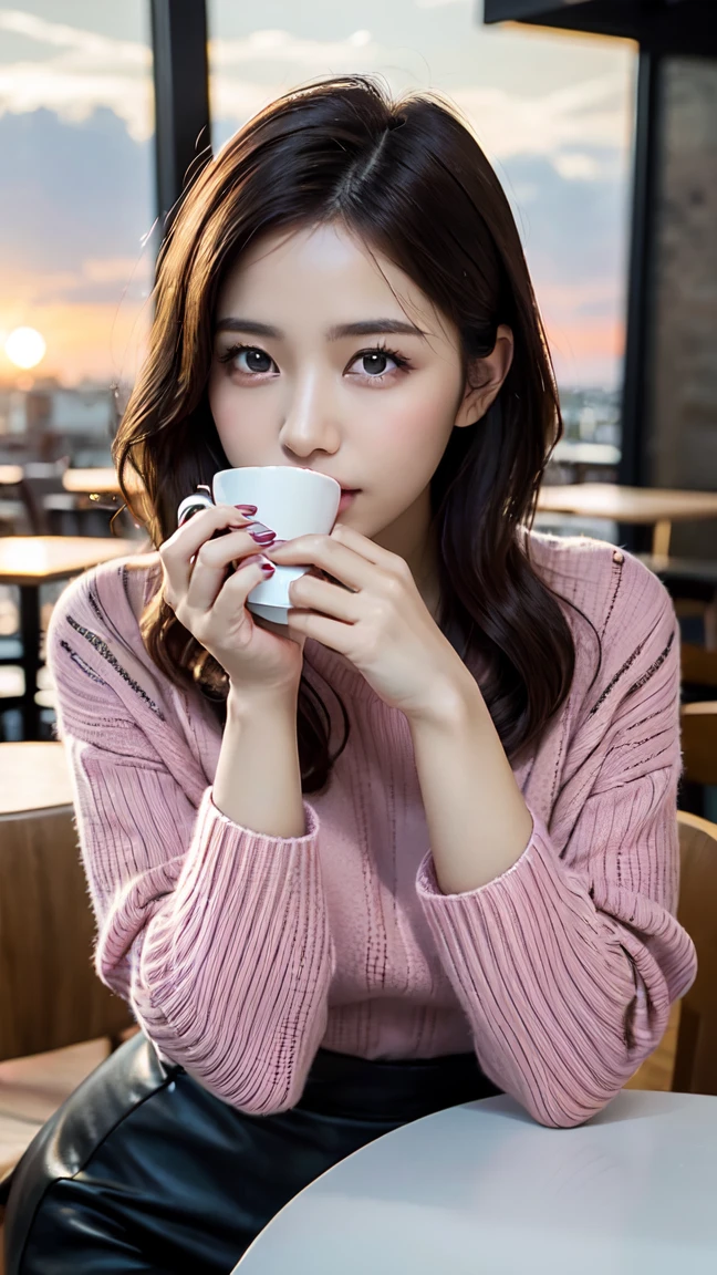 beautiful brown-skinned african woman wearing pink sweater (sipping coffee inside a modern café at sunset), very detailed, 21 years old, innocent face, natural wavy hair, blue eyes, high resolution, masterpiece, best quality, intricate details, highly detailed, sharp focus, detailed skin, realistic skin texture, texture, detailed eyes, professional, 4k, charming smile, shot on Canon, 85mm, shallow depth of field, kodak vision color, perfect fit body, extremely detailed, foto_\(ultra\), photorealistic, realistic, post-processing, maximum detail, roughness, real life, ultra realistic, photorealism, photography, 8k uhd, photography