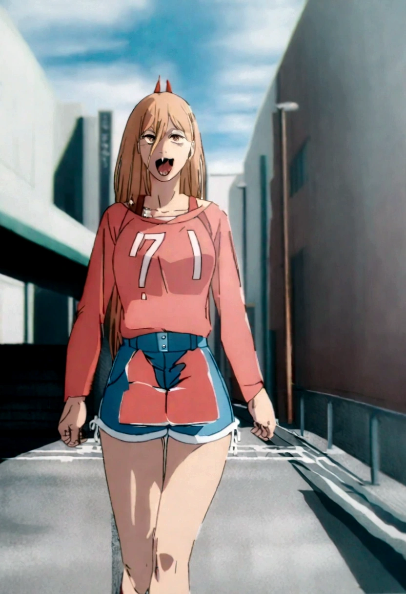 1 garora, wearing a pink blouse , and short shorts walking around town