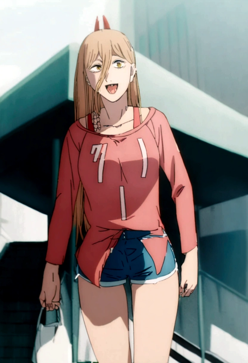 1 garora, wearing a pink blouse , and short shorts walking around town